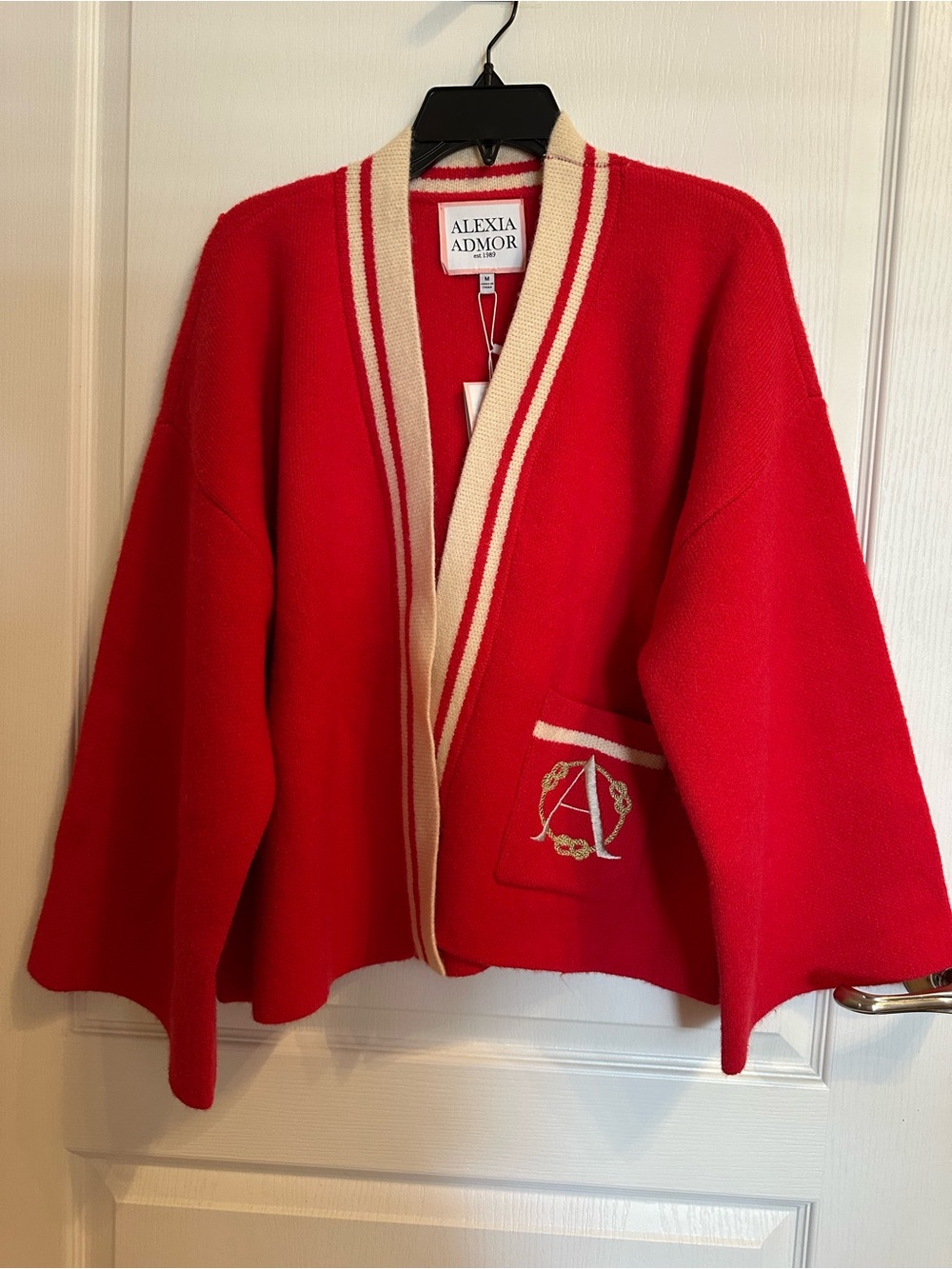 Alexia Admor Red Knit Cardigan Style Jacket with Cream Trim and Signet (New) (M)